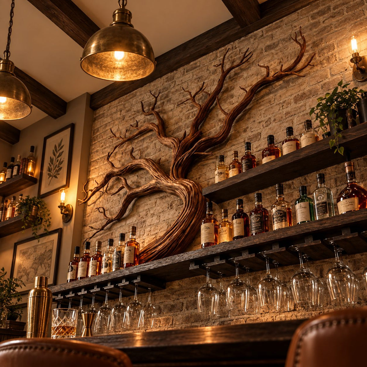 Tree Branch Wine Rack Wall Shelf with Wide Spreading Carved Branches, Home Bar Bottle Display