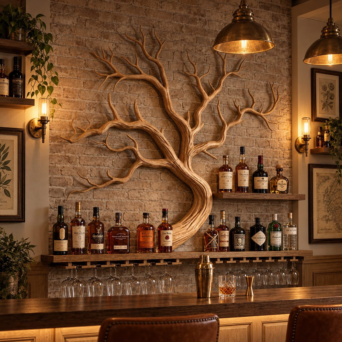 Tree Branch Wine Rack Wall Shelf with Wide Spreading Carved Branches, Home Bar Bottle Display