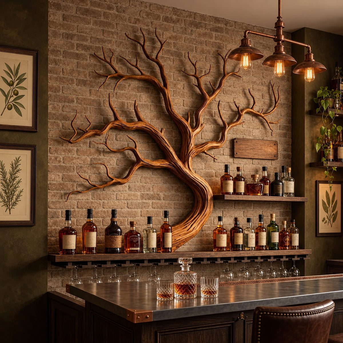 Tree Branch Wine Rack Wall Shelf with Wide Spreading Carved Branches, Home Bar Bottle Display