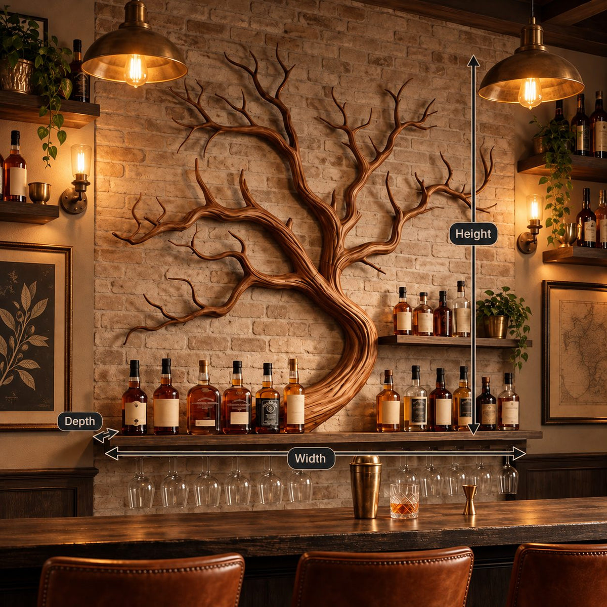 Tree Branch Wine Rack Wall Shelf with Wide Spreading Carved Branches, Home Bar Bottle Display
