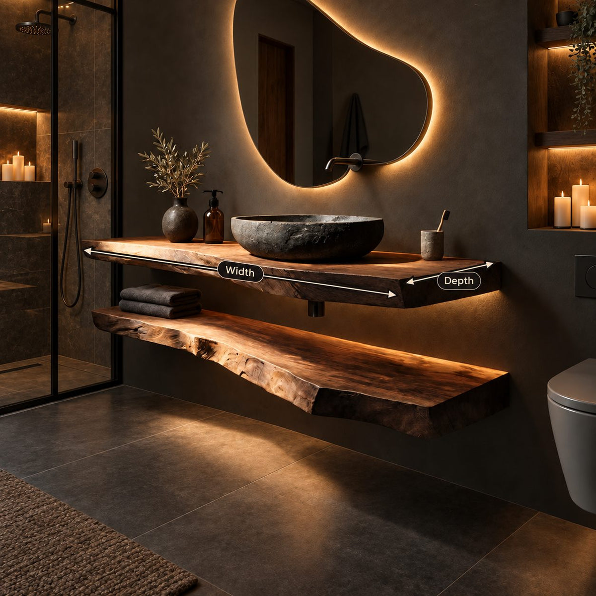 Floating Bathroom Vanity 16-48 Inch, Two Thick Live Edge Slabs Counter and Shelf, Wall Mounted Wood