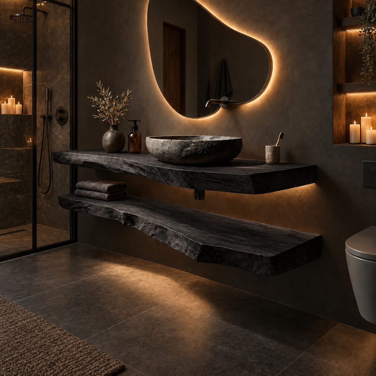 Floating Bathroom Vanity 16-48 Inch, Two Thick Live Edge Slabs Counter and Shelf, Wall Mounted Wood