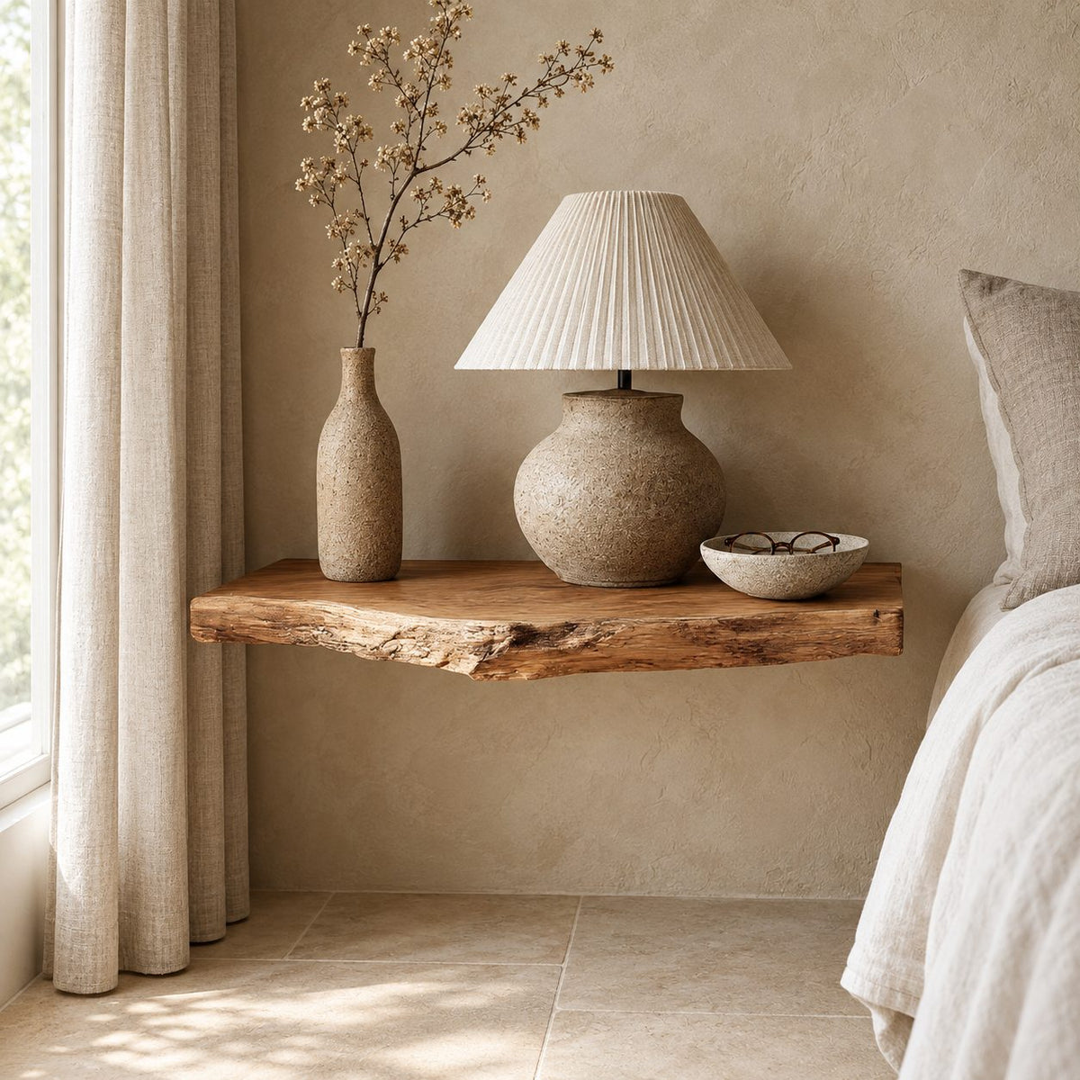 Floating Nightstand Live Edge Wood Bedside Shelf, Wall Mounted Rustic Slab Night Table for Bedroom