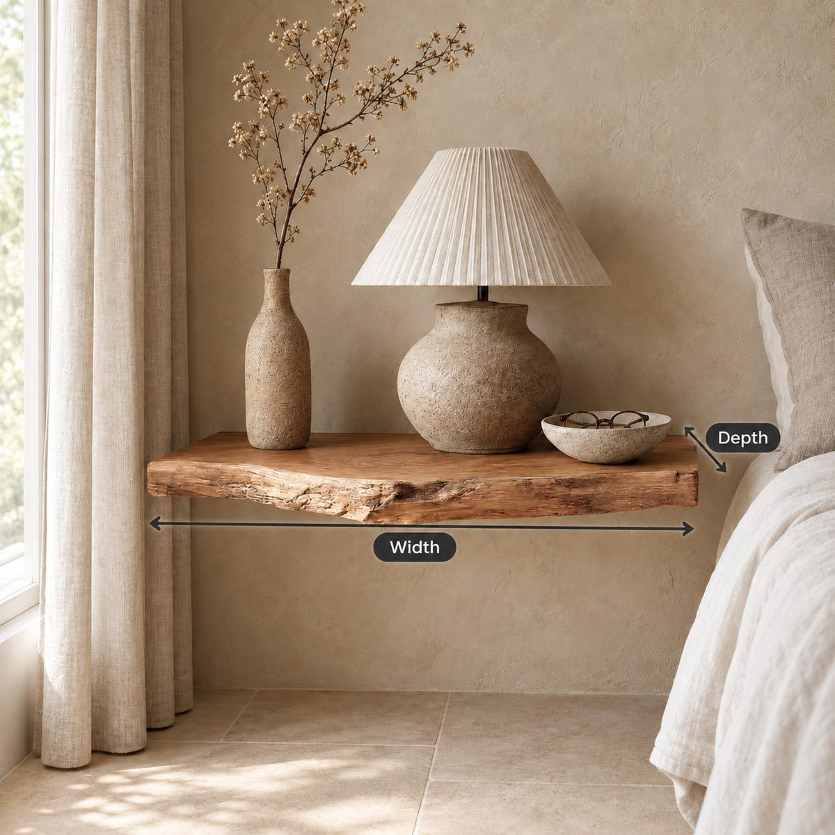 Floating Nightstand Live Edge Wood Bedside Shelf, Wall Mounted Rustic Slab Night Table for Bedroom