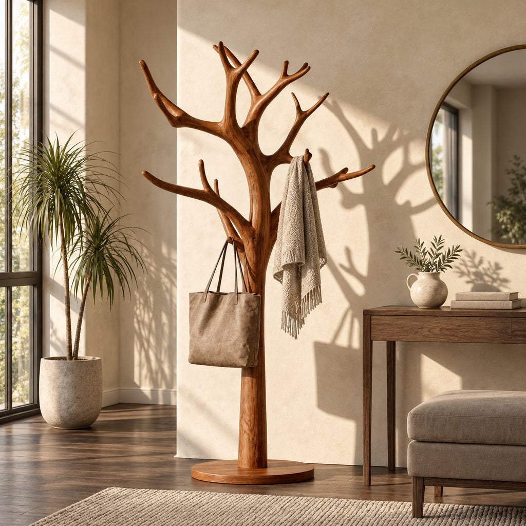 Tree Coat Rack Stand with Branching Arm Hooks and Round Base, Freestanding Entryway Coat Tree
