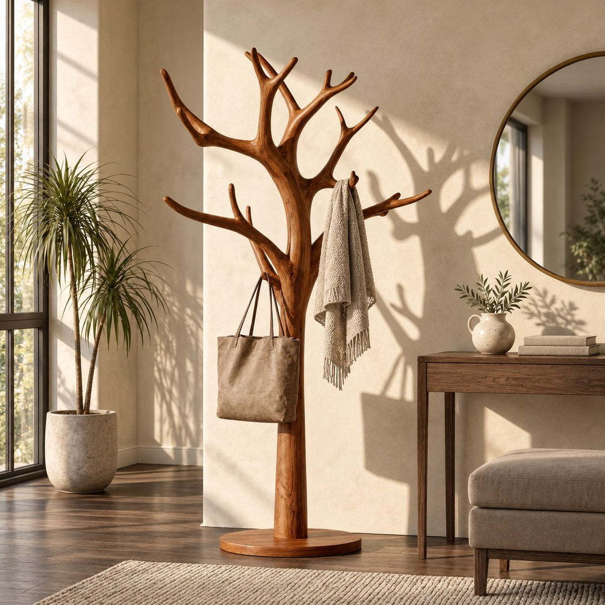 Tree Coat Rack Stand with Branching Arm Hooks and Round Base, Freestanding Entryway Coat Tree