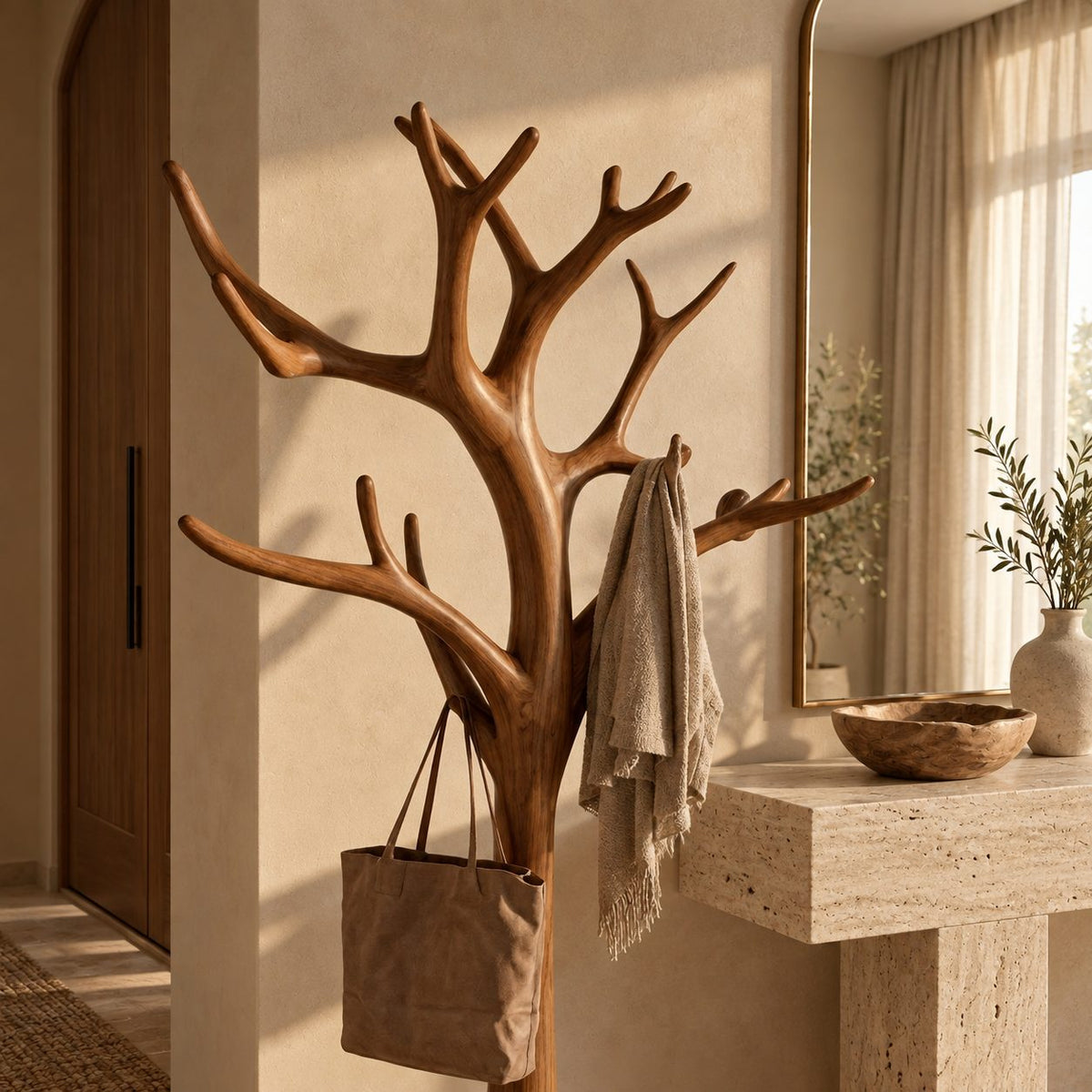 Tree Coat Rack Stand with Branching Arm Hooks and Round Base, Freestanding Entryway Coat Tree