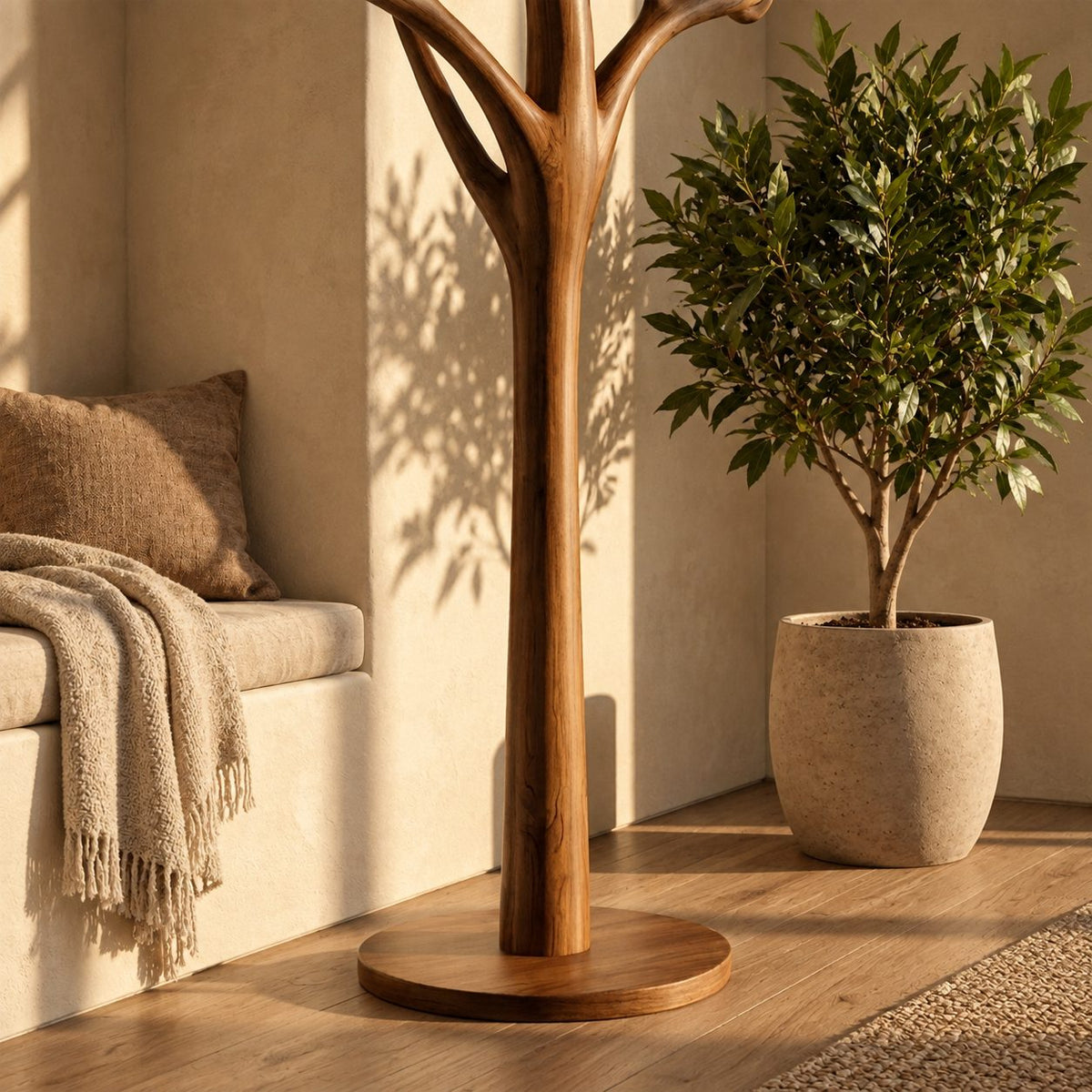 Tree Coat Rack Stand with Branching Arm Hooks and Round Base, Freestanding Entryway Coat Tree