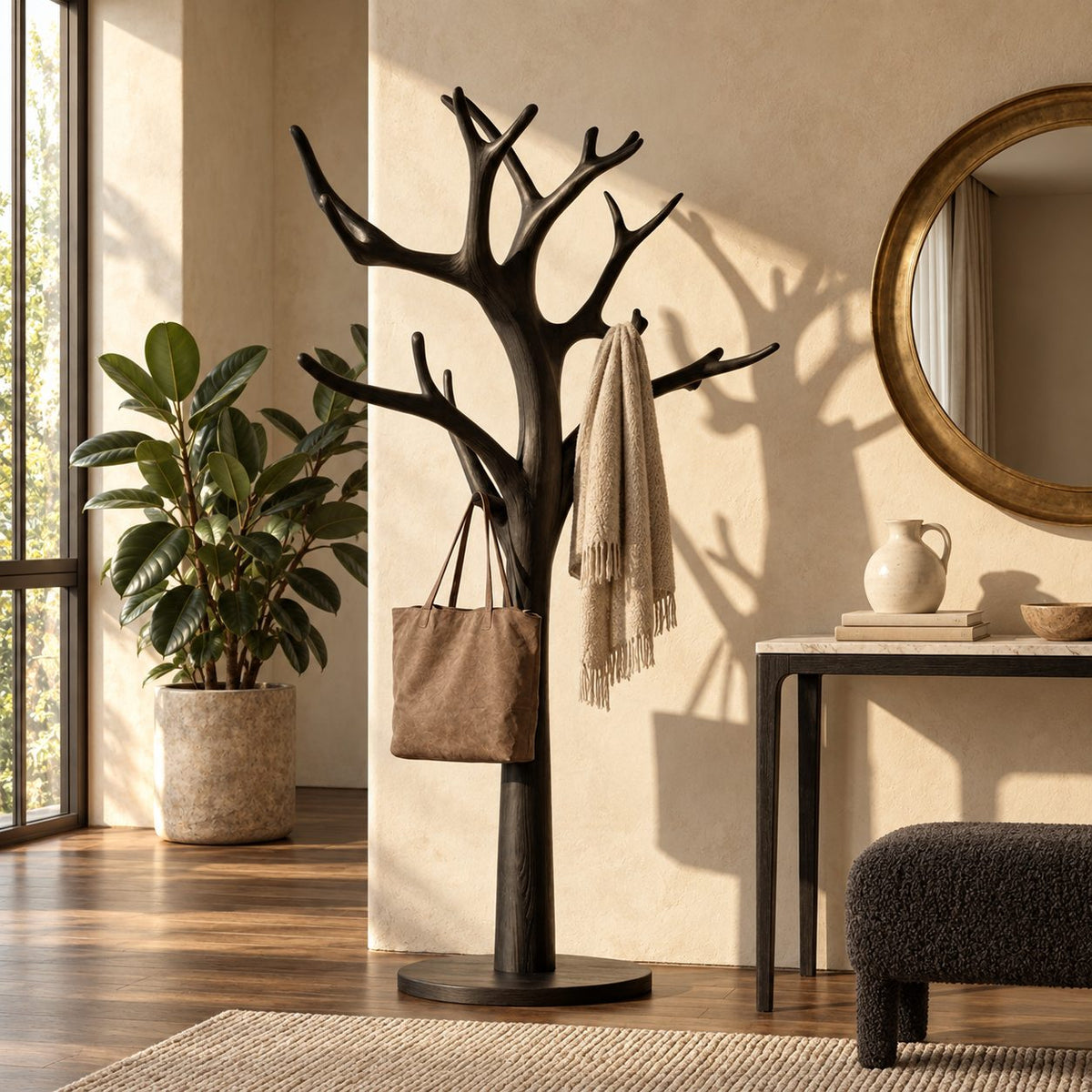 Tree Coat Rack Stand with Branching Arm Hooks and Round Base, Freestanding Entryway Coat Tree