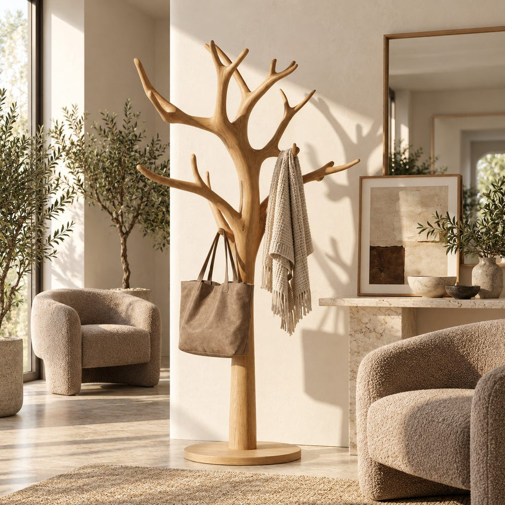 Tree Coat Rack Stand with Branching Arm Hooks and Round Base, Freestanding Entryway Coat Tree
