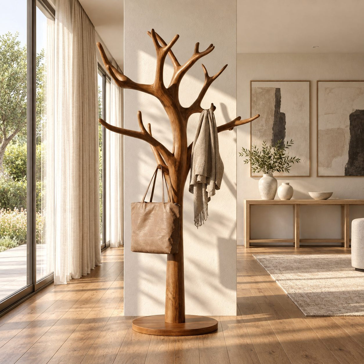 Tree Coat Rack Stand with Branching Arm Hooks and Round Base, Freestanding Entryway Coat Tree
