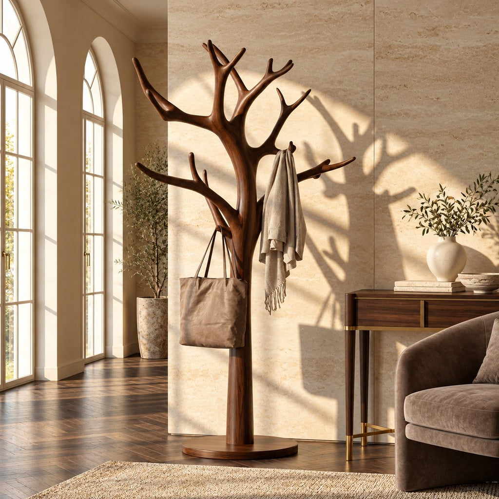Tree Coat Rack Stand with Branching Arm Hooks and Round Base, Freestanding Entryway Coat Tree