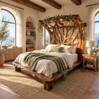 Tree Bed Frame with Carved Branch Headboard and Live Edge Platform, Solid Wood Queen or King Bed