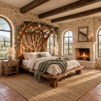 Tree Bed Frame with Carved Branch Headboard and Live Edge Platform, Solid Wood Queen or King Bed