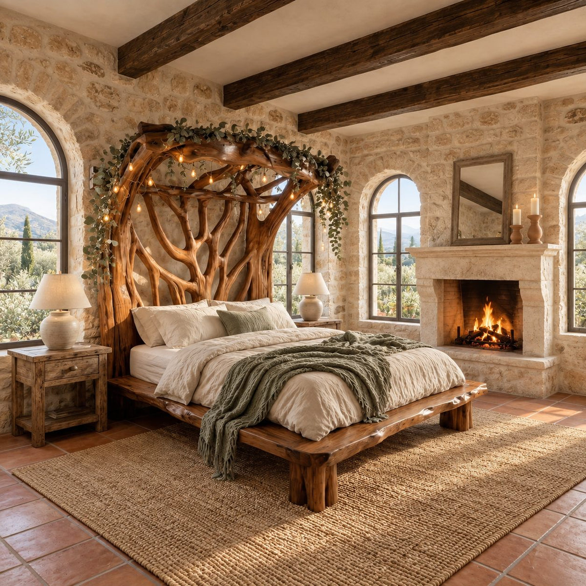 Tree Bed Frame with Carved Branch Headboard and Live Edge Platform, Solid Wood Queen or King Bed