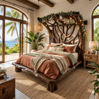 Tree Bed Frame with Carved Branch Headboard and Live Edge Platform, Solid Wood Queen or King Bed