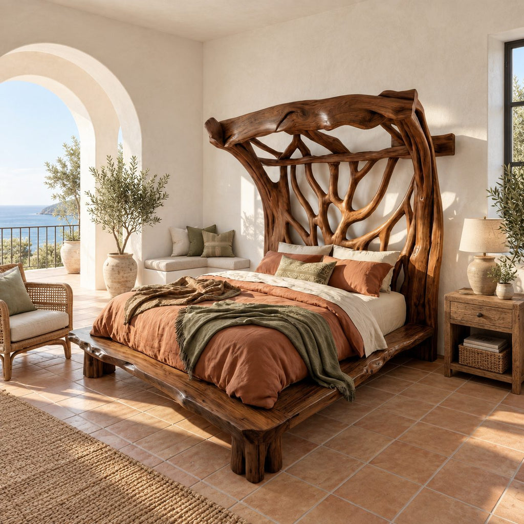 Tree Bed Frame with Carved Branch Headboard and Live Edge Platform, Solid Wood Queen or King Bed