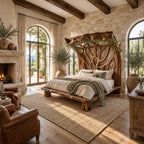 Tree Bed Frame with Carved Branch Headboard and Live Edge Platform, Solid Wood Queen or King Bed