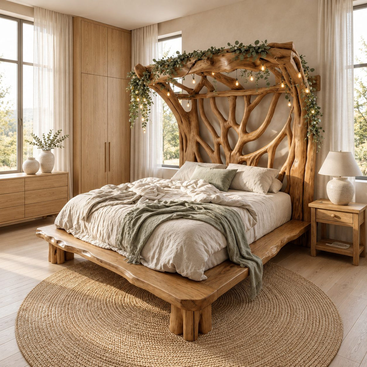 Tree Bed Frame with Carved Branch Headboard and Live Edge Platform, Solid Wood Queen or King Bed