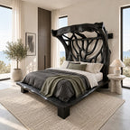 Tree Bed Frame with Carved Branch Headboard and Live Edge Platform, Solid Wood Queen or King Bed