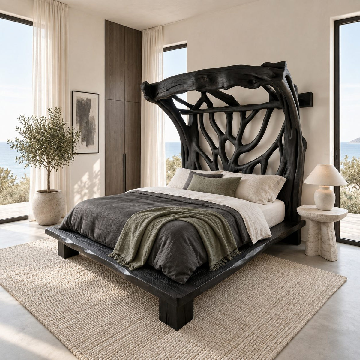 Tree Bed Frame with Carved Branch Headboard and Live Edge Platform, Solid Wood Queen or King Bed