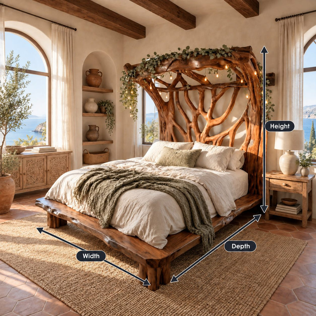 Tree Bed Frame with Carved Branch Headboard and Live Edge Platform, Solid Wood Queen or King Bed