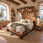 Tree Bed Frame with Carved Branch Headboard and Live Edge Platform, Solid Wood Queen or King Bed