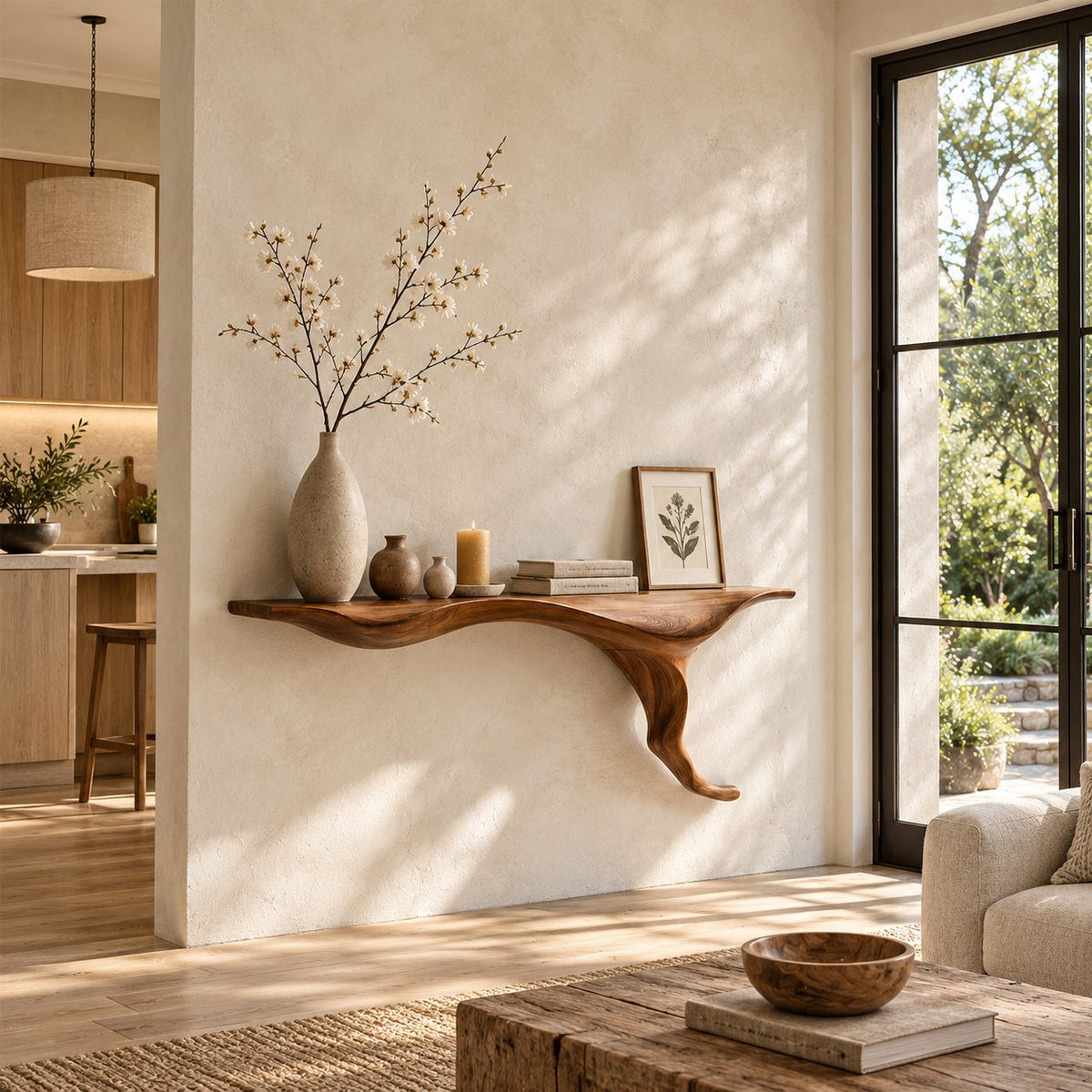 Wall Mounted Floating Console Table with Sculptural Root Bracket, Live Edge Solid Wood Entryway Table