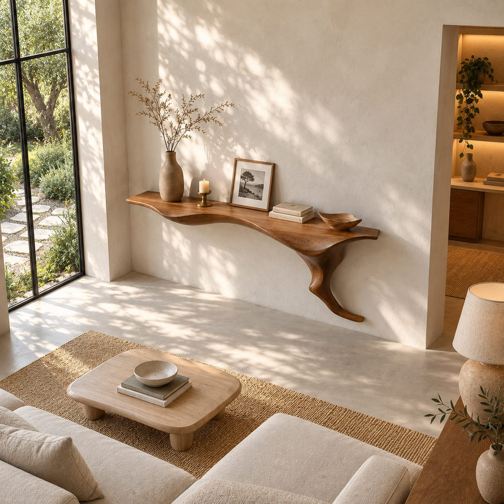 Wall Mounted Floating Console Table with Sculptural Root Bracket, Live Edge Solid Wood Entryway Table