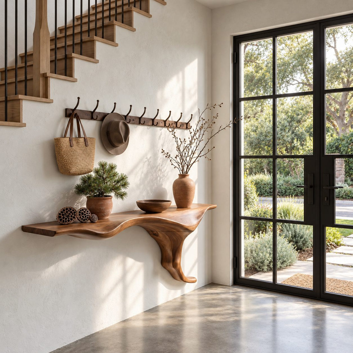 Wall Mounted Floating Console Table with Sculptural Root Bracket, Live Edge Solid Wood Entryway Table