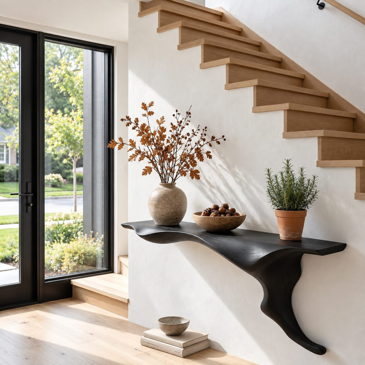 Wall Mounted Floating Console Table with Sculptural Root Bracket, Live Edge Solid Wood Entryway Table