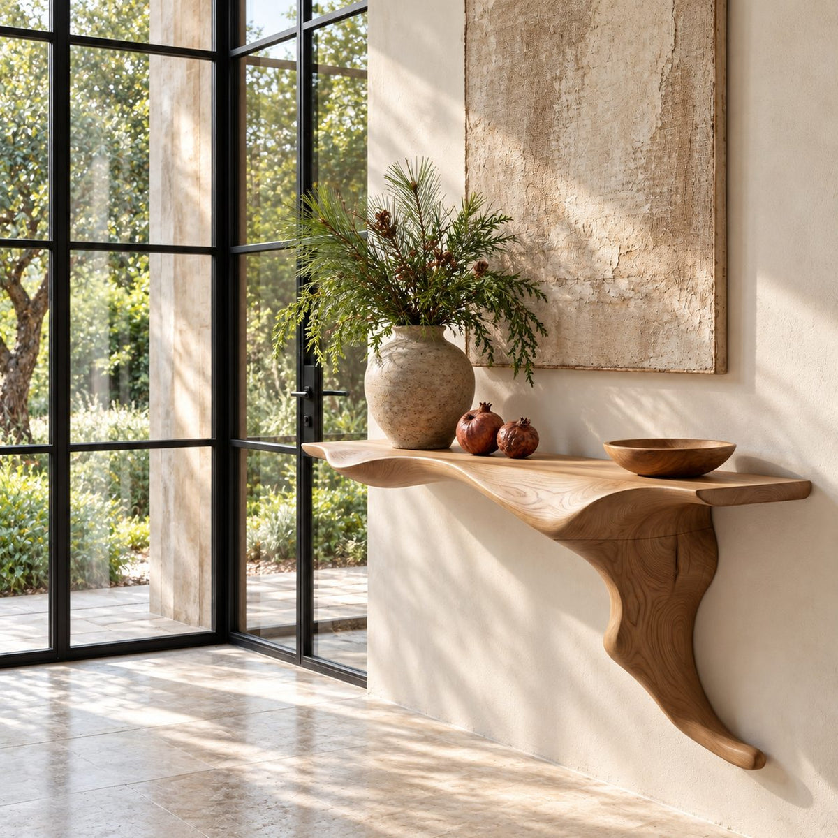 Wall Mounted Floating Console Table with Sculptural Root Bracket, Live Edge Solid Wood Entryway Table