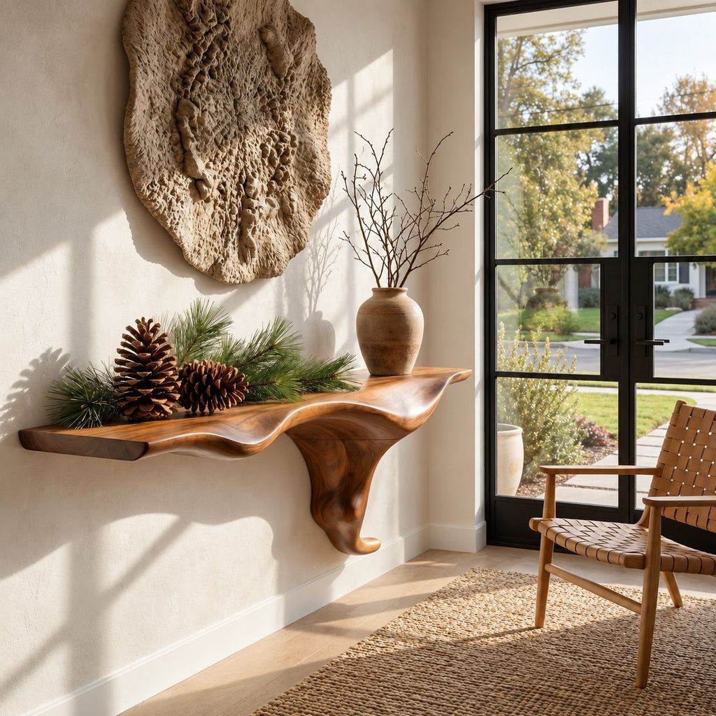 Wall Mounted Floating Console Table with Sculptural Root Bracket, Live Edge Solid Wood Entryway Table