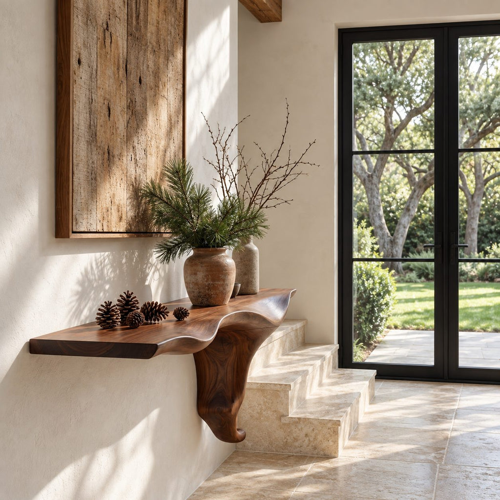 Wall Mounted Floating Console Table with Sculptural Root Bracket, Live Edge Solid Wood Entryway Table