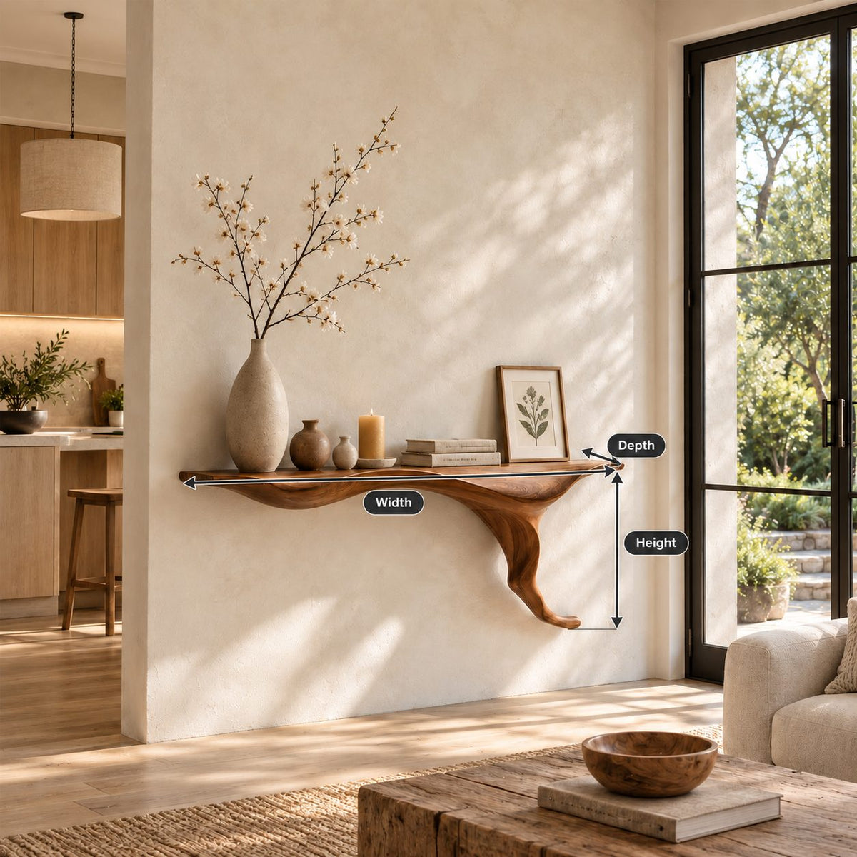 Wall Mounted Floating Console Table with Sculptural Root Bracket, Live Edge Solid Wood Entryway Table