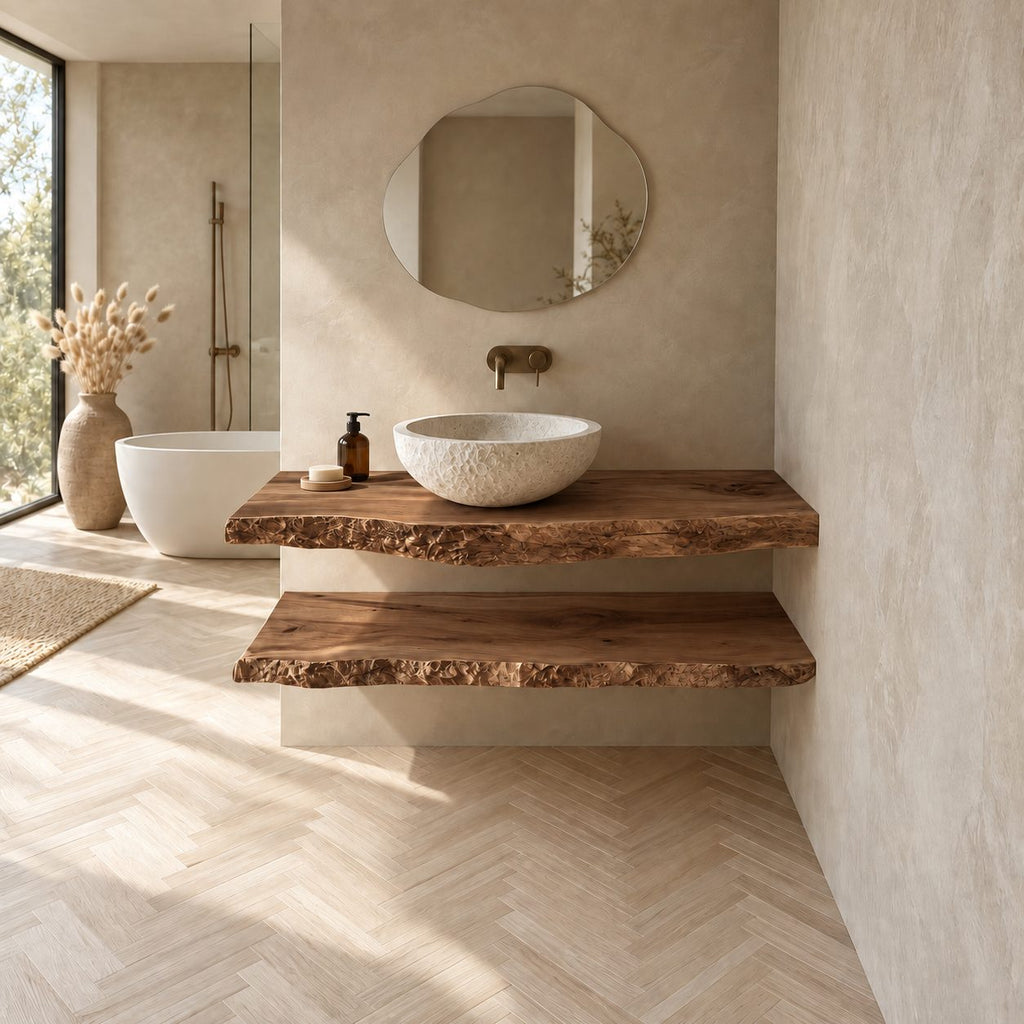Floating Bathroom Vanity 16-48 Inch with Two Natural Live Edge Shelves, Wall Mounted Wood Wash Stand