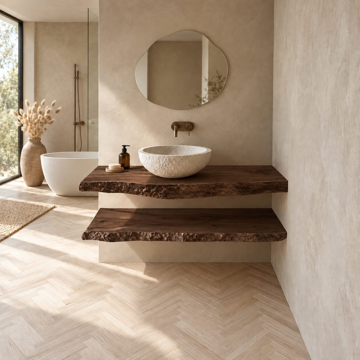 Floating Bathroom Vanity 16-48 Inch with Two Natural Live Edge Shelves, Wall Mounted Wood Wash Stand
