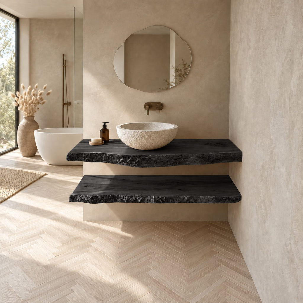 Floating Bathroom Vanity 16-48 Inch with Two Natural Live Edge Shelves, Wall Mounted Wood Wash Stand