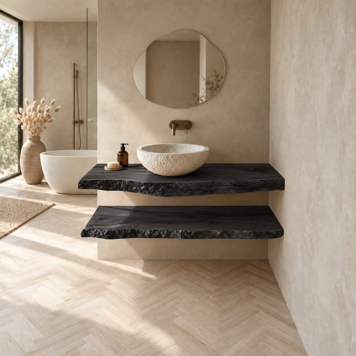 Floating Bathroom Vanity 16-48 Inch with Two Natural Live Edge Shelves, Wall Mounted Wood Wash Stand