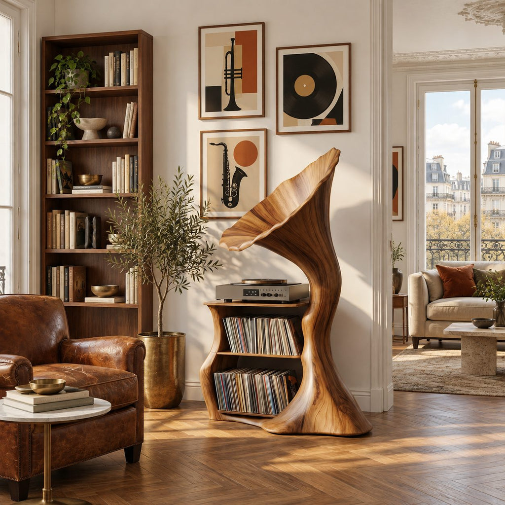 Record Player Stand Shaped Like a Gramophone Horn, Sculptural Vinyl Storage in Solid Wood