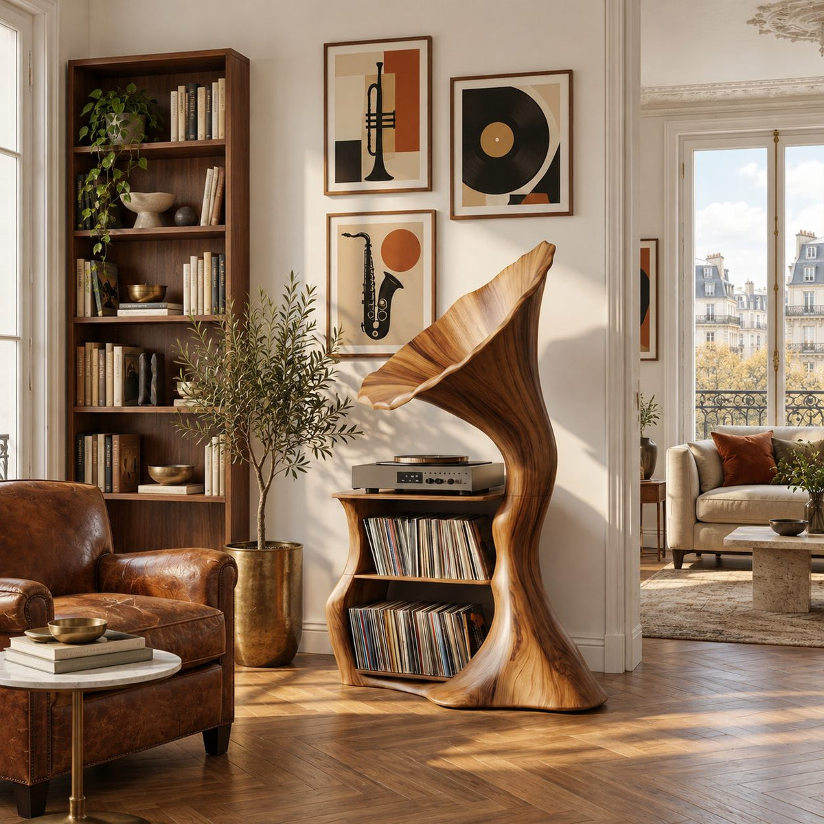 Record Player Stand Shaped Like a Gramophone Horn, Sculptural Vinyl Storage in Solid Wood