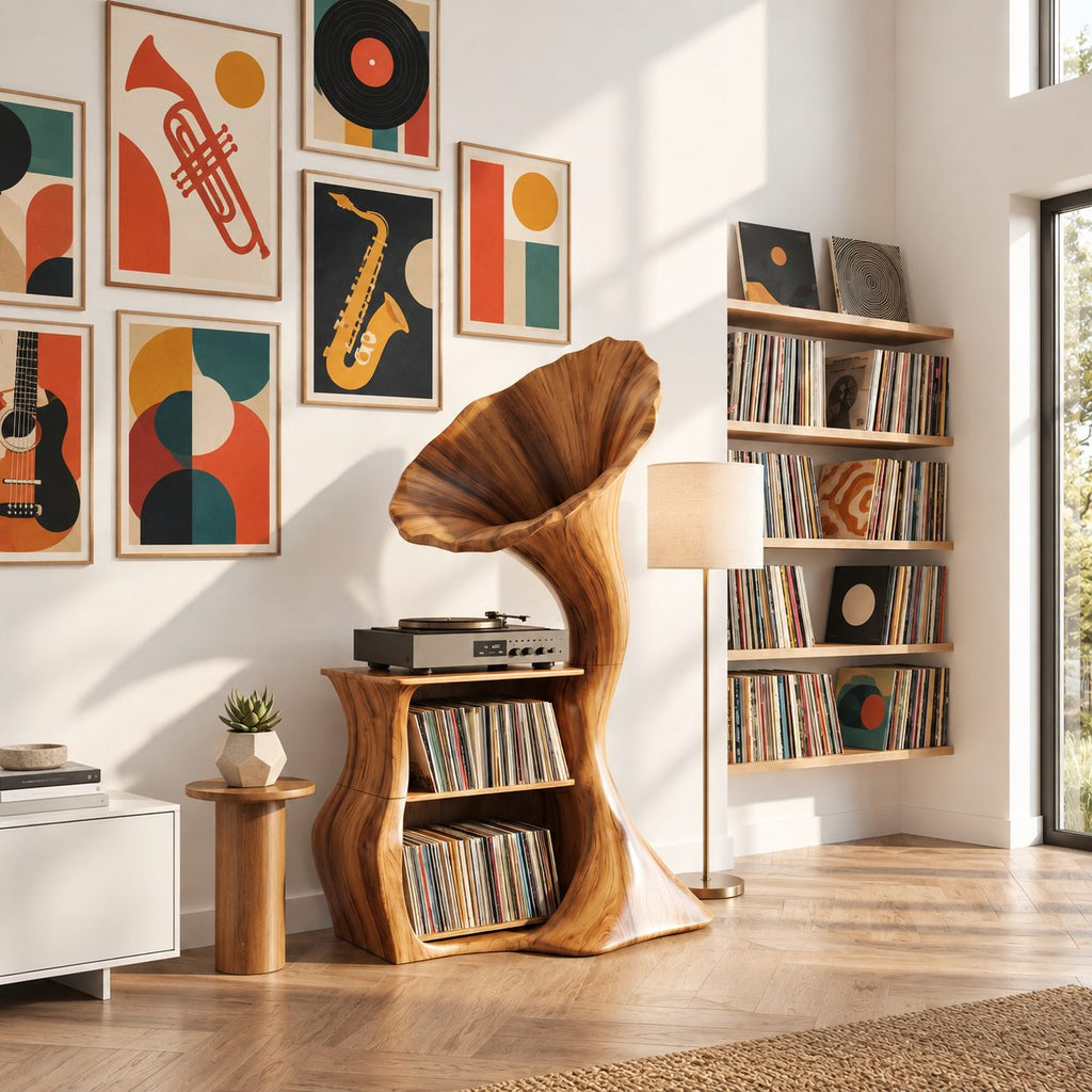 Record Player Stand Shaped Like a Gramophone Horn, Sculptural Vinyl Storage in Solid Wood