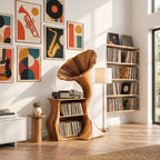 Record Player Stand Shaped Like a Gramophone Horn, Sculptural Vinyl Storage in Solid Wood
