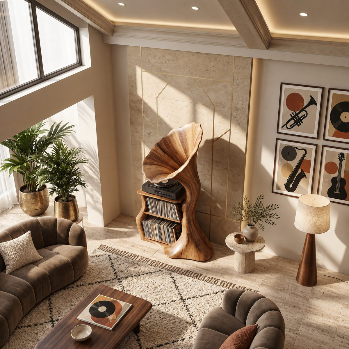 Record Player Stand Shaped Like a Gramophone Horn, Sculptural Vinyl Storage in Solid Wood