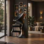 Record Player Stand Shaped Like a Gramophone Horn, Sculptural Vinyl Storage in Solid Wood