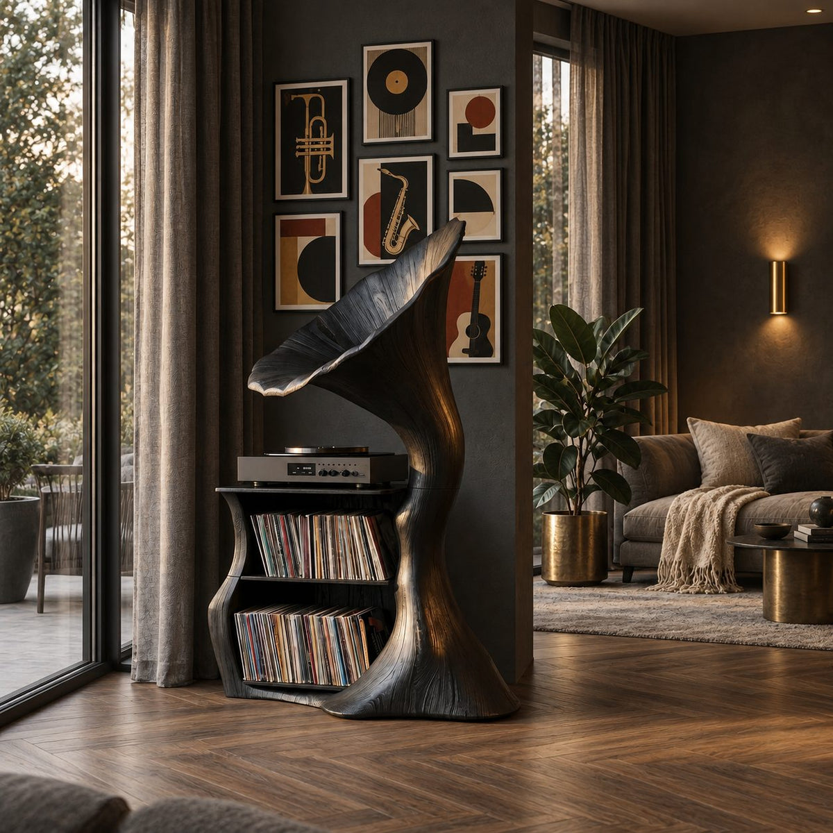 Record Player Stand Shaped Like a Gramophone Horn, Sculptural Vinyl Storage in Solid Wood