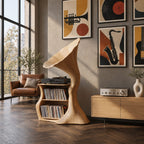 Record Player Stand Shaped Like a Gramophone Horn, Sculptural Vinyl Storage in Solid Wood