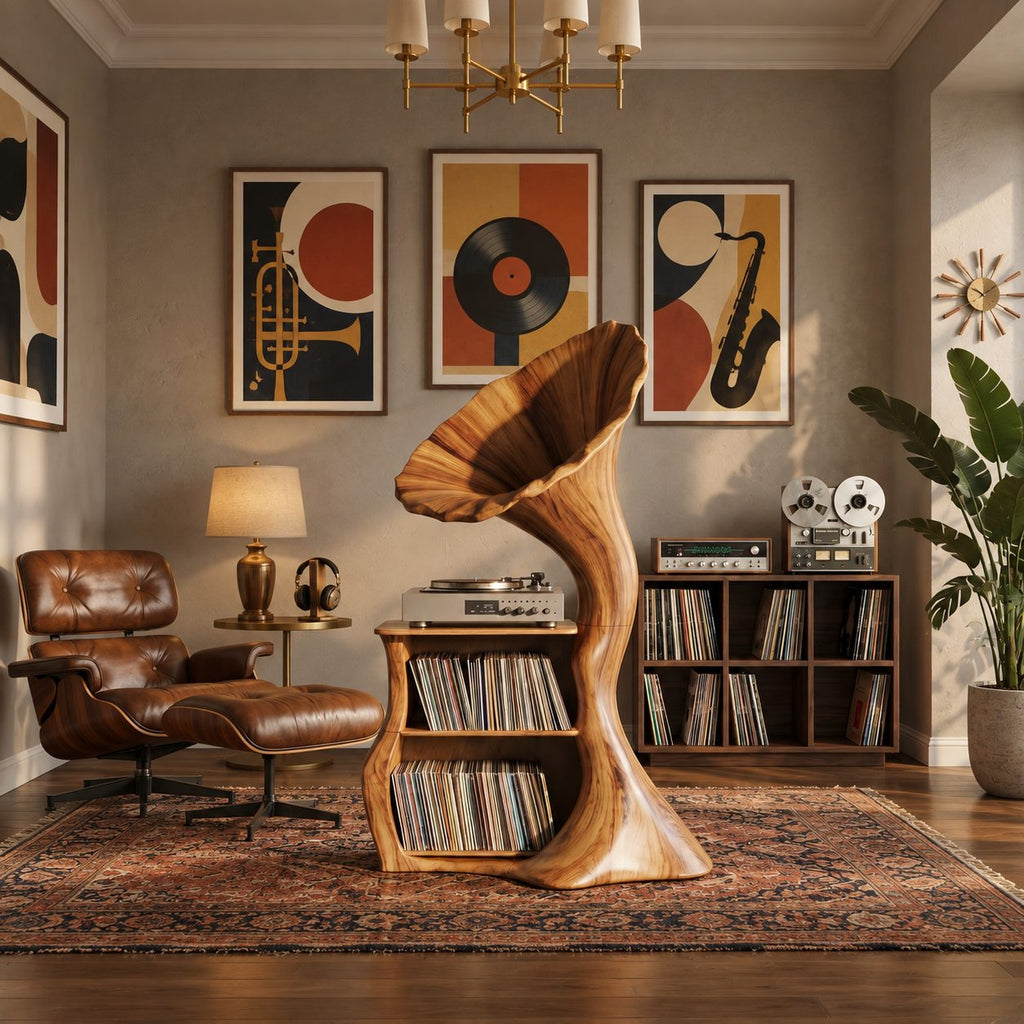 Record Player Stand Shaped Like a Gramophone Horn, Sculptural Vinyl Storage in Solid Wood