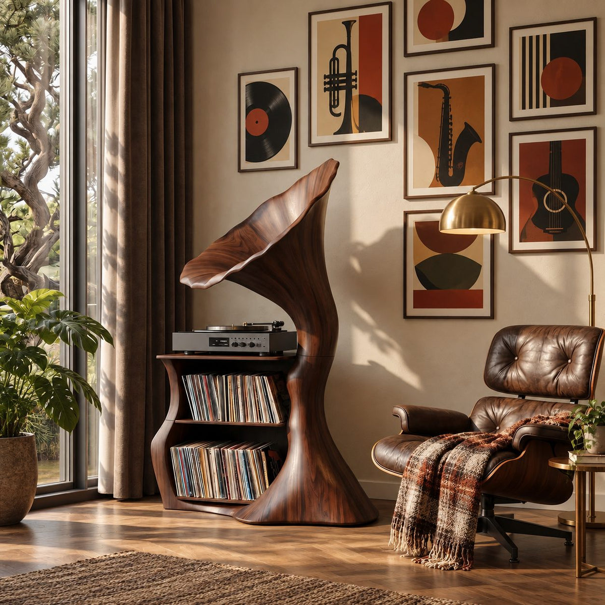 Record Player Stand Shaped Like a Gramophone Horn, Sculptural Vinyl Storage in Solid Wood