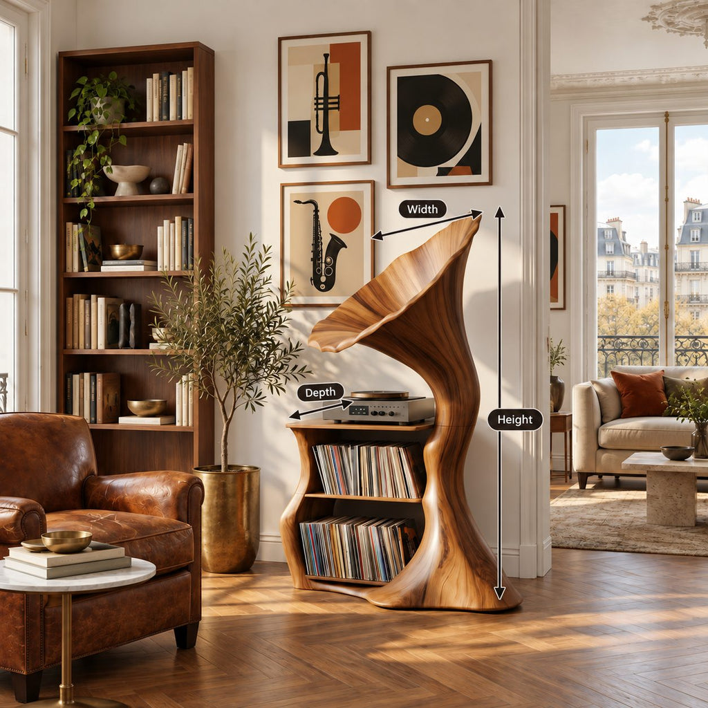 Record Player Stand Shaped Like a Gramophone Horn, Sculptural Vinyl Storage in Solid Wood